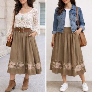 a.n.a Brown Floral Embroidered Midi Skirt